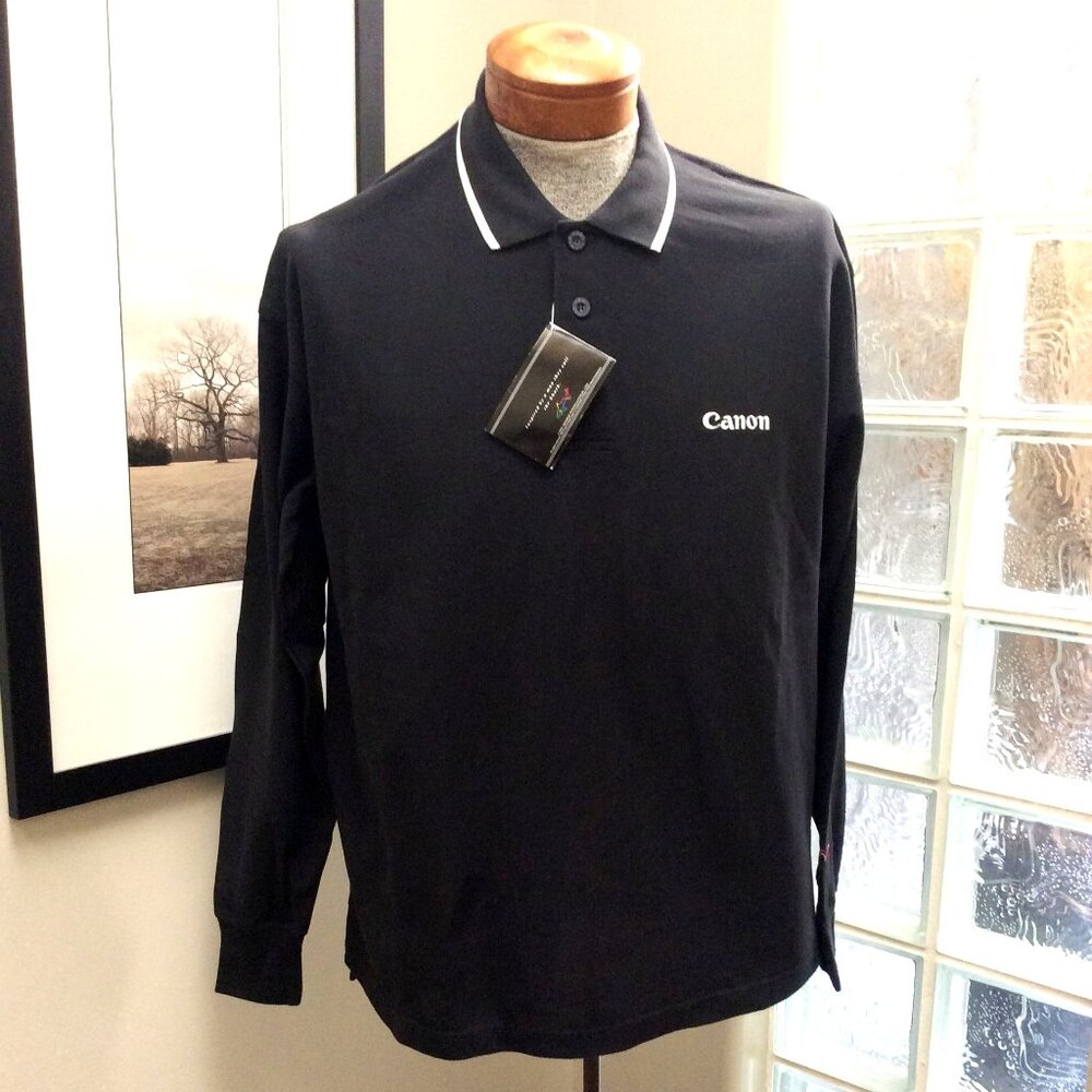 Golf Shirt, Greg Norman Black Long Sleeve Men's Collared Golf Shirt, Canon Logo